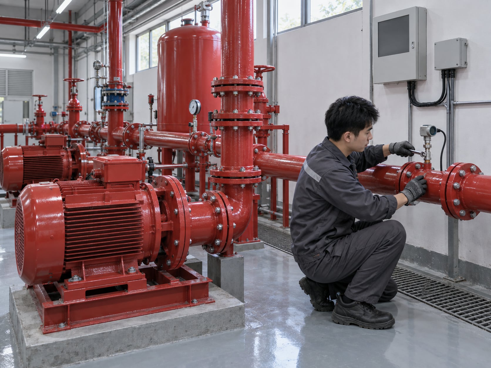 泵房里工程师蹲身把压力变送器旋入管段