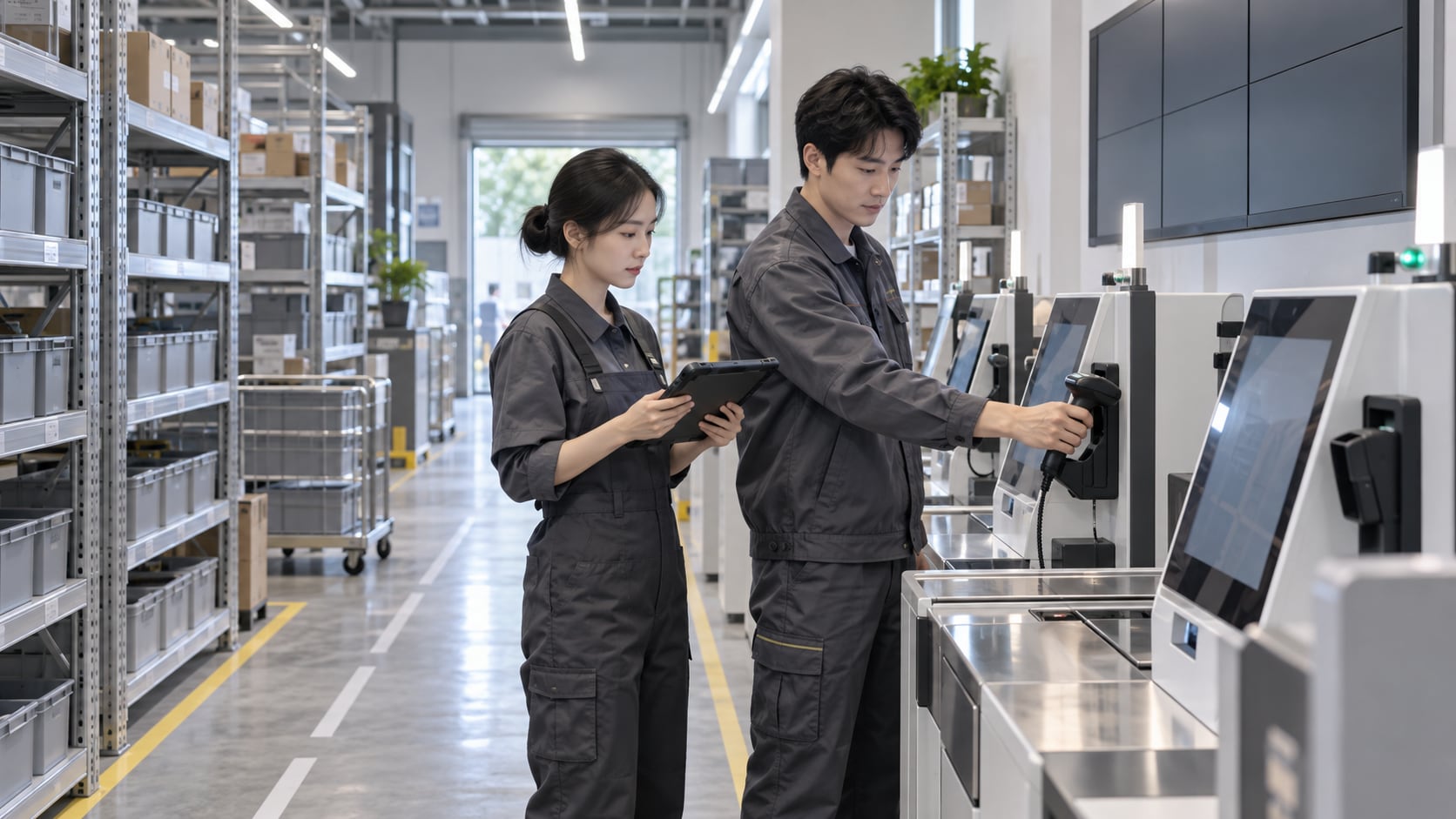 后仓货架与自助结算通道前工程师归位扫码枪