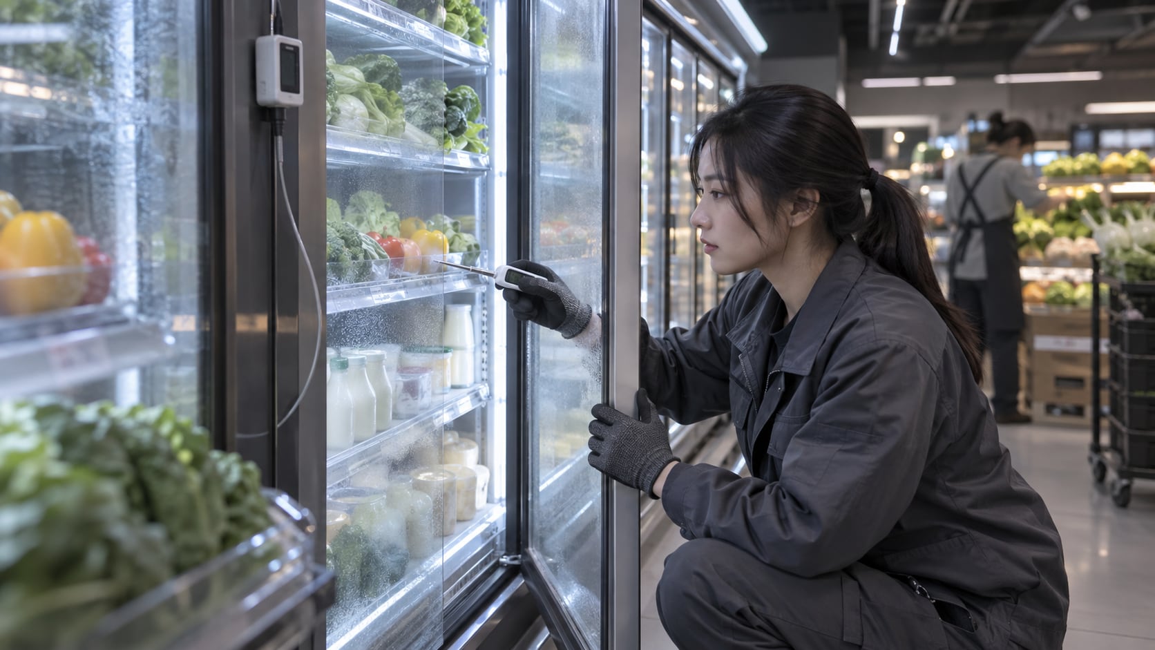 工程师在生鲜冷柜前用探头测量柜内温度