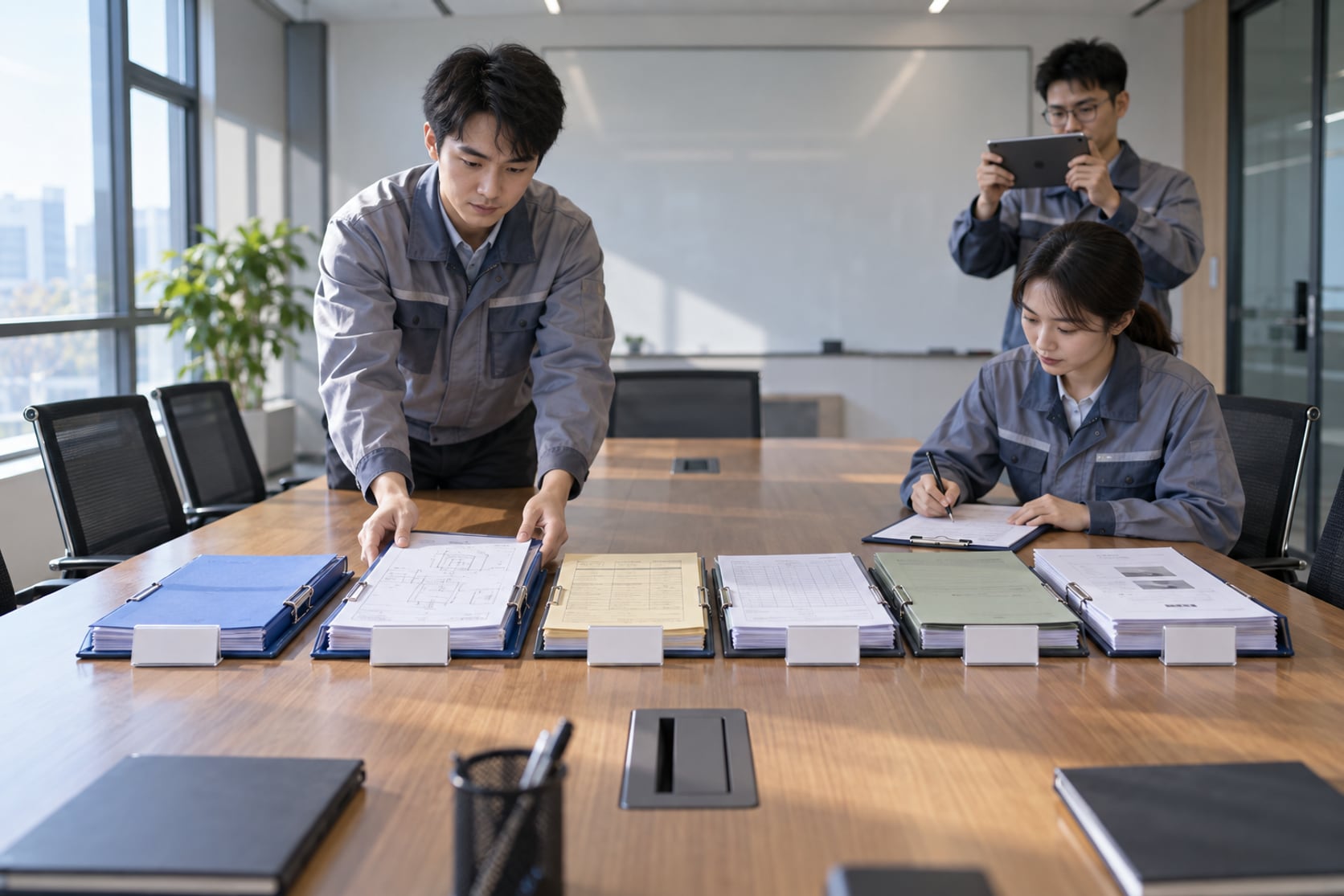 会议桌两侧,双方人员逐项核对摊开的资料册并在交接单上签字