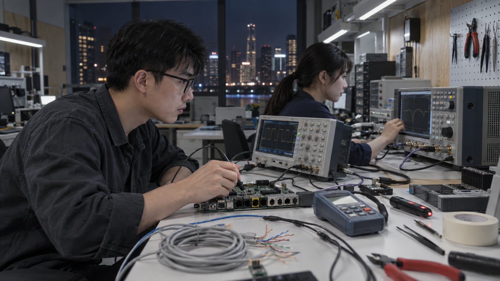 实验室工位上示波器屏幕与网关板卡测试连线，桌上散放网线与工具，工程师在工位取值