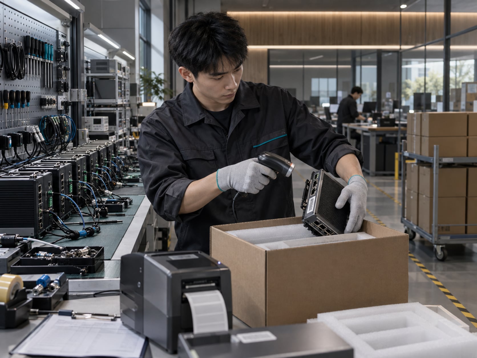 出厂全检工位:整机在测试架上通电,屏幕显示测试项与判定结果,台面放着测试治具与条码扫描枪