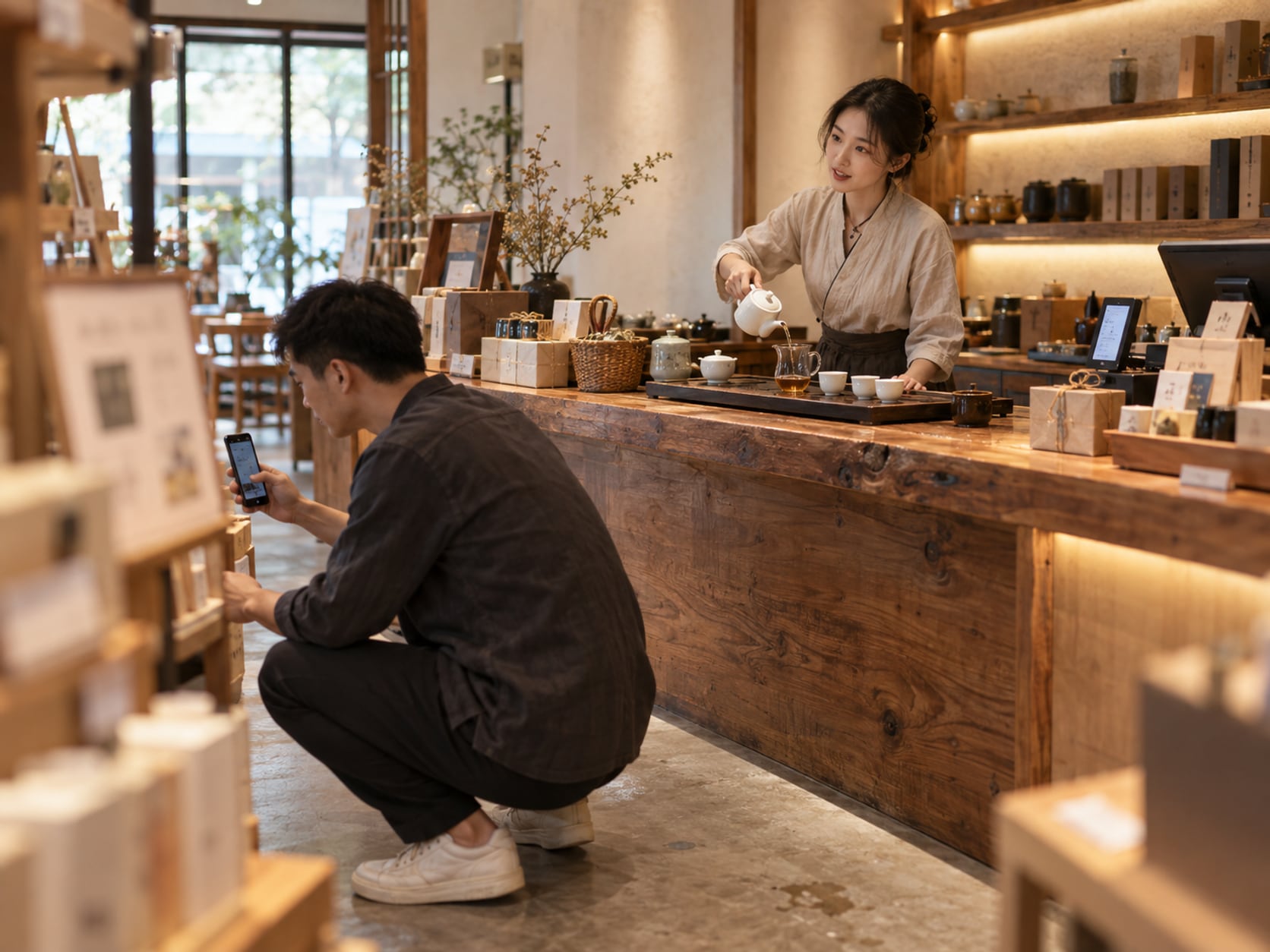 原木长柜台后,店员在茶盘上注水出汤,柜前顾客蹲着看手机,身后货架上码着纸包装与器物,窗外是庭院绿植