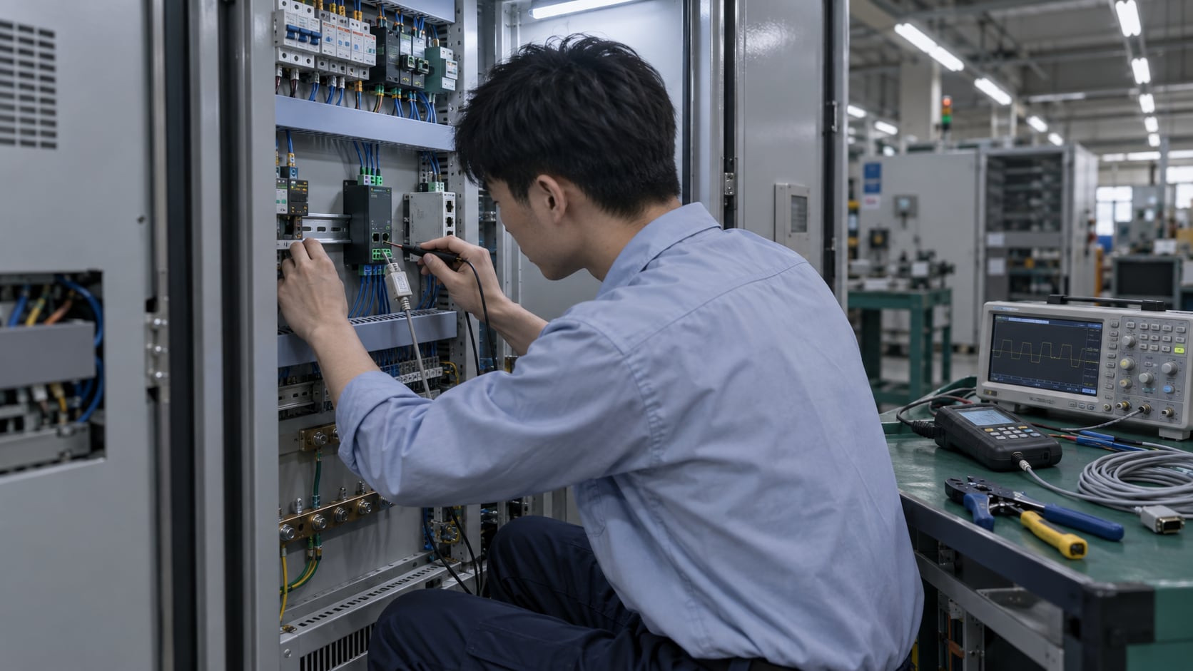 工厂电控柜检修现场,导轨上卡装着工业透传终端,工程师用串口测试仪的探针搭在端子上,旁边桌面放着数字示波器