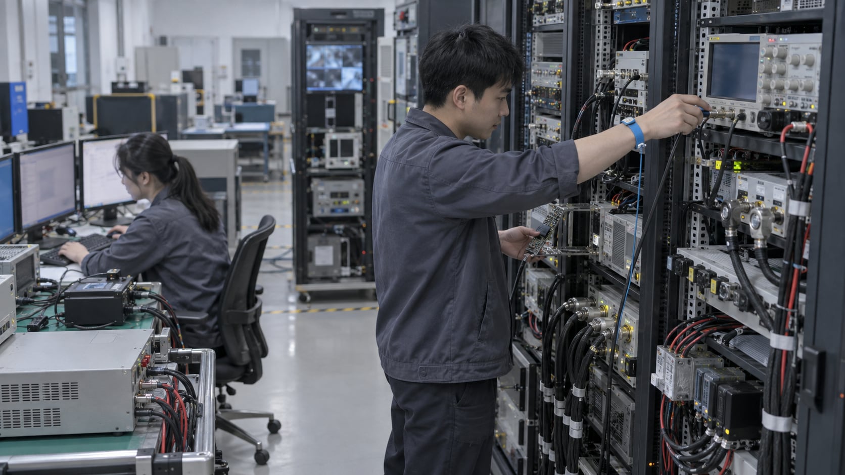 研发实验室里,工程师把示波器探头接入机柜上的被测网关,另一人坐在台前回灌日志,机柜层架上装着信号调理模块与线束