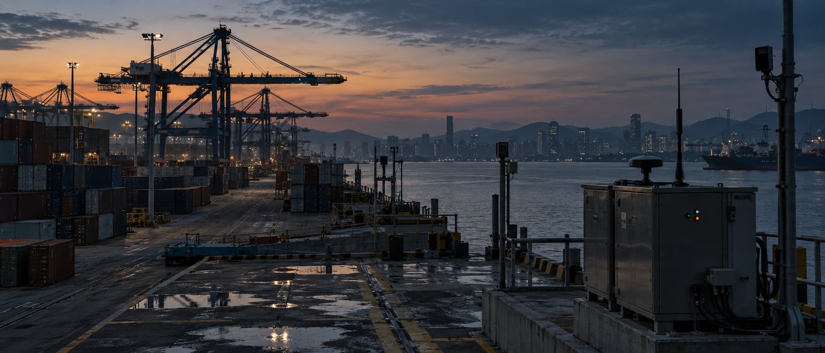 黄昏的沿海集装箱港区，远处是成排集装箱与门式起重机，近景是码头配电与通信箱体的平台，地面有黄色安全标线