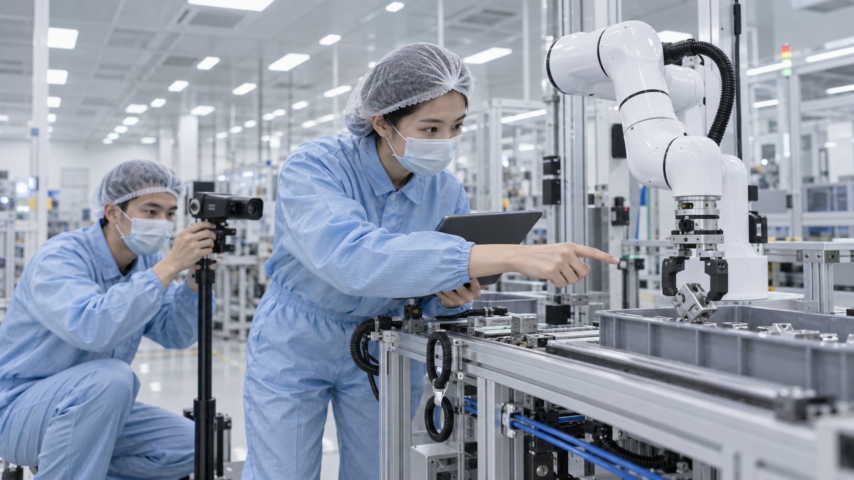洁净装配车间里六轴协作机械臂的夹爪从料筐中抓起精密结构件,两名工程师在旁确认抓取点与相机角度