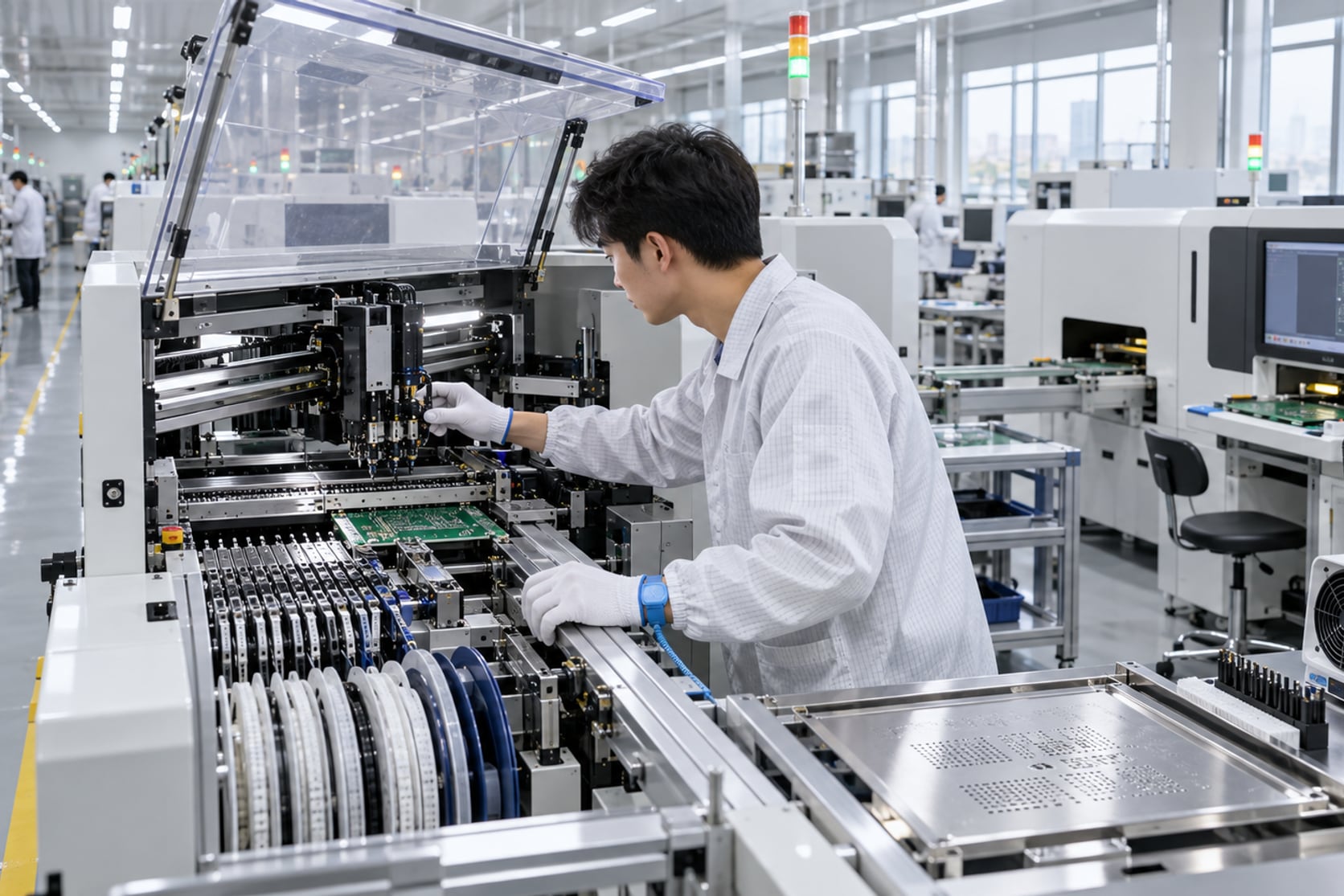 洁净车间质检台前，工程师手持塞规探入金属工件的内孔做通止判定，旁边是二次元影像测量仪与标准量块