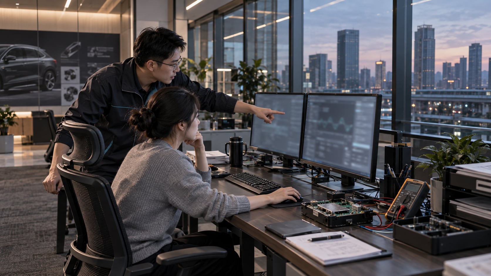 远程诊断工位:工程师在双屏前查看车辆回传的故障码与电池数据,桌面摆着诊断仪与线束