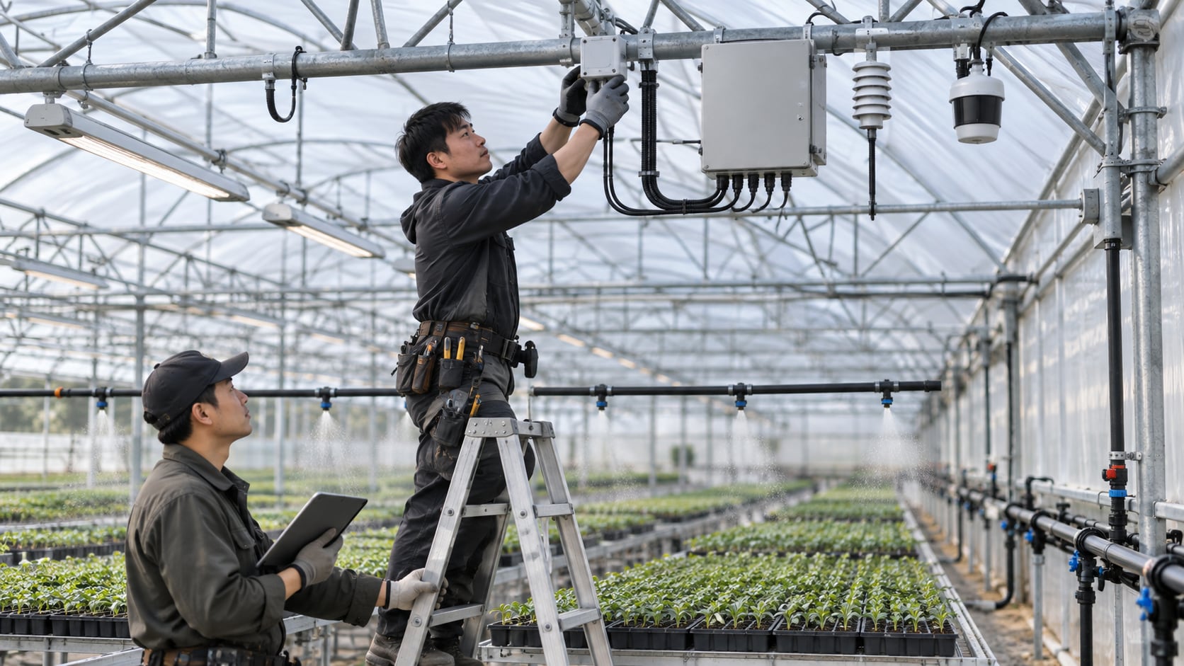 大棚内技术人员安装温湿度采集与环境调控节点