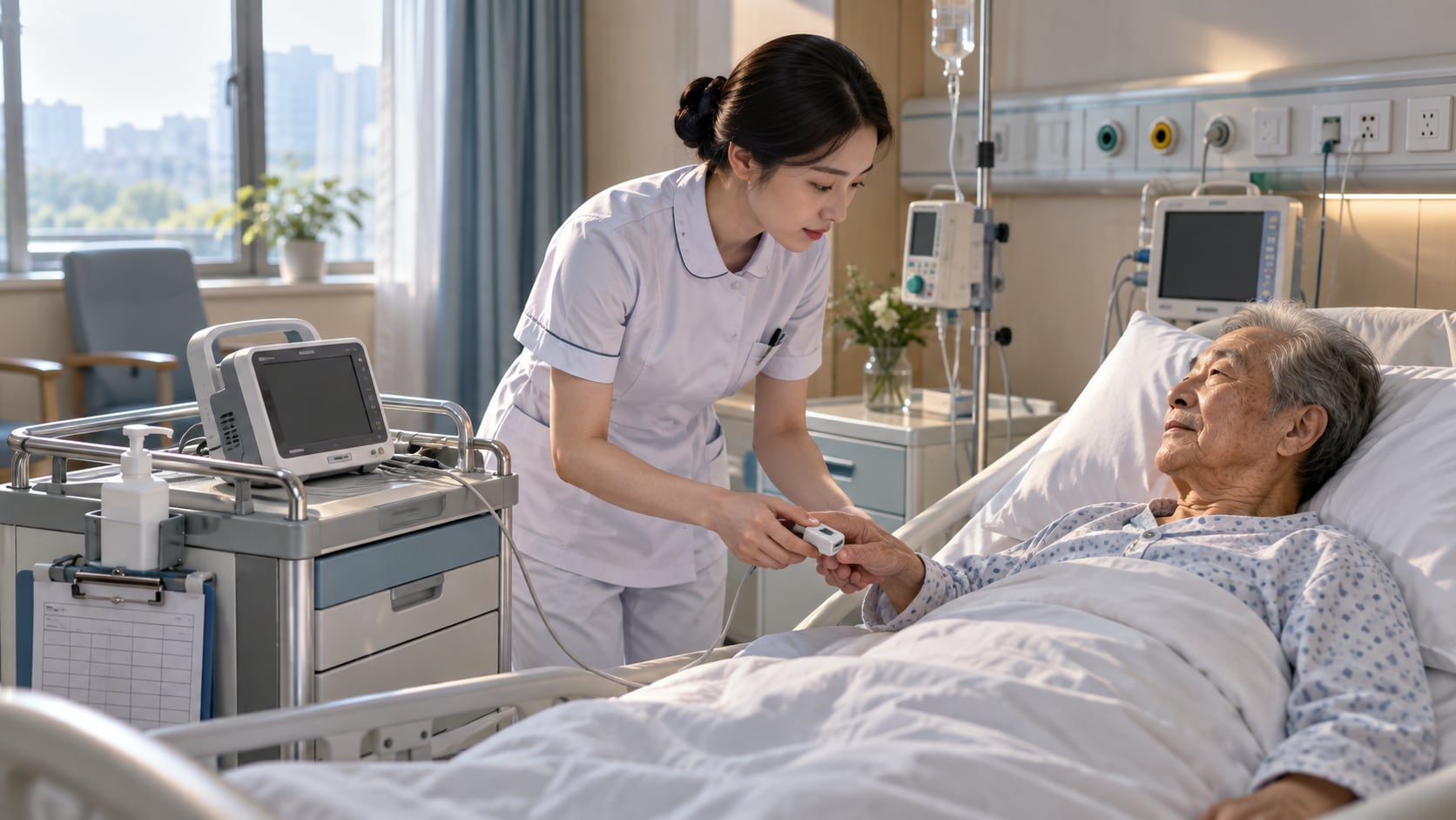 居家床旁体征监护终端正在采集老人数据