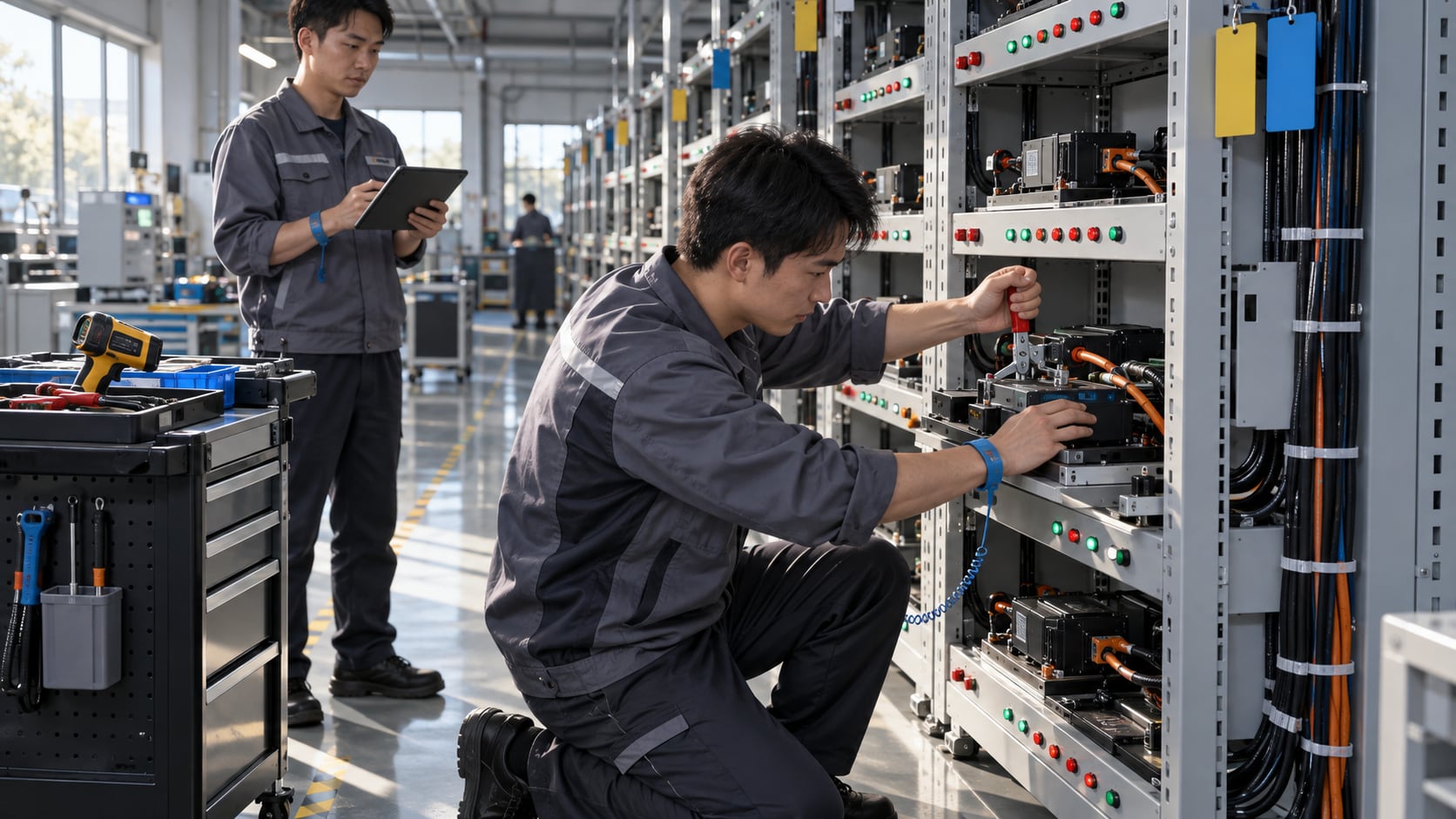 测试机架前工程师单膝点地压合测试治具