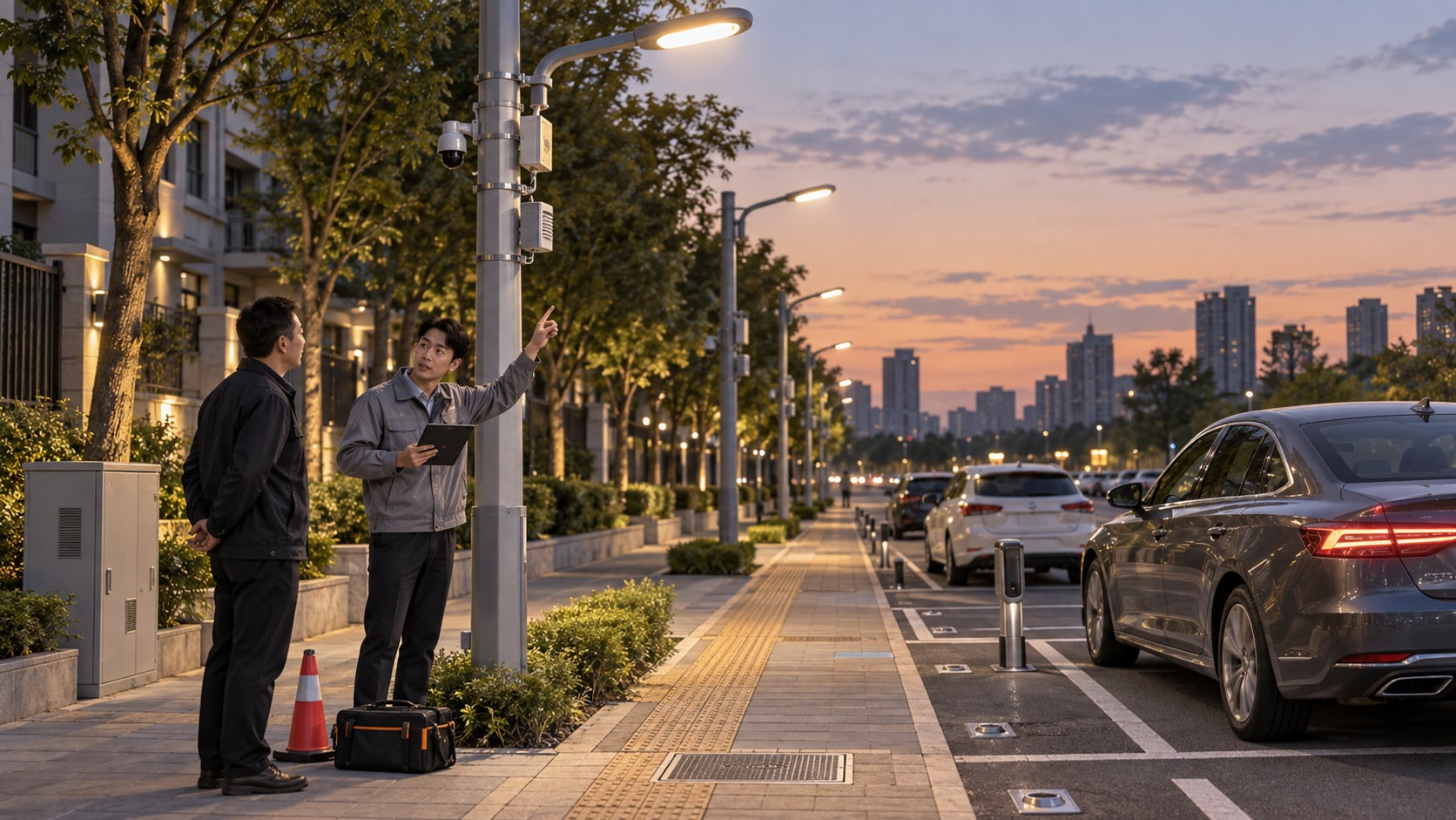 夜间城市道路照明与路边停车位感应装置