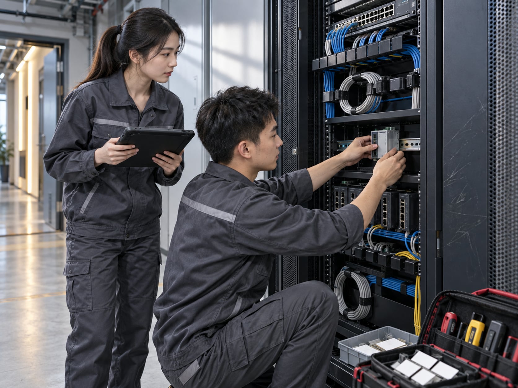 客户机房内，集成商工程师与客户一同盯着调试笔记本上的对接日志