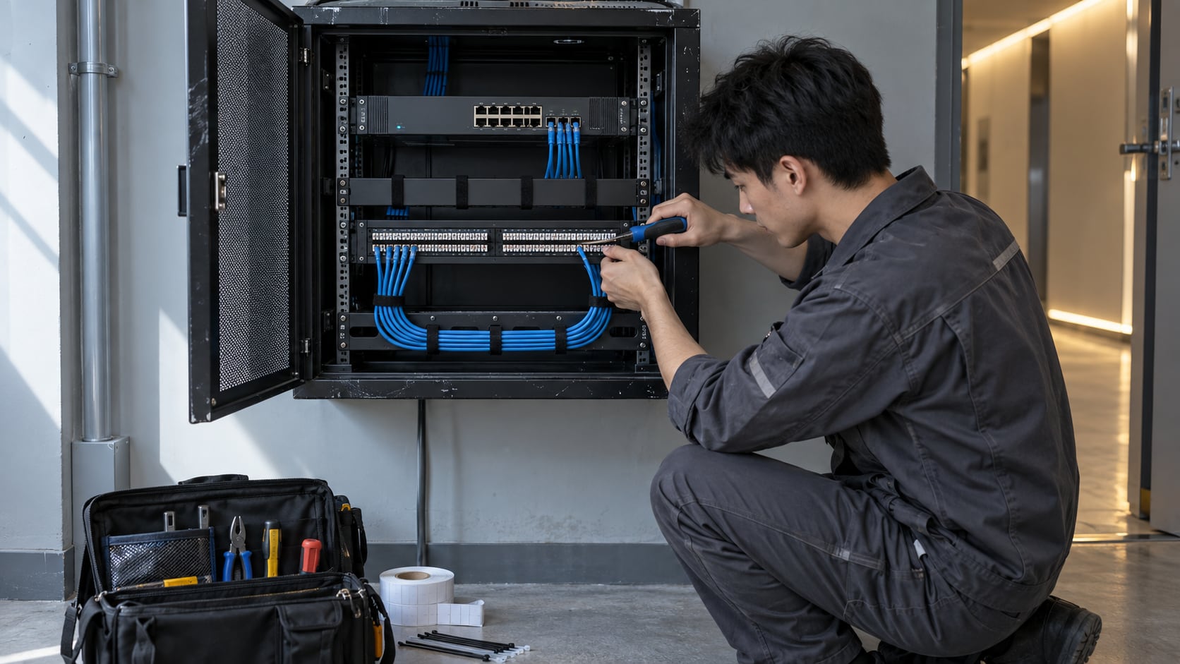 客户机房内,工程师蹲在打开的机柜前整理网线与端子标识