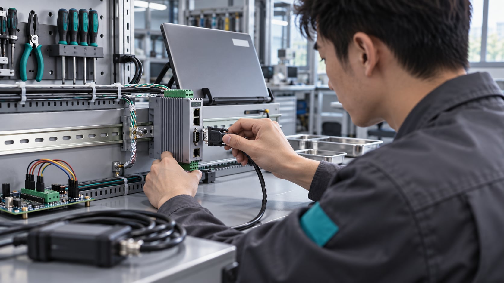 工程师用笔记本抓取 CAN 总线报文,示波器探头贴着接线端子