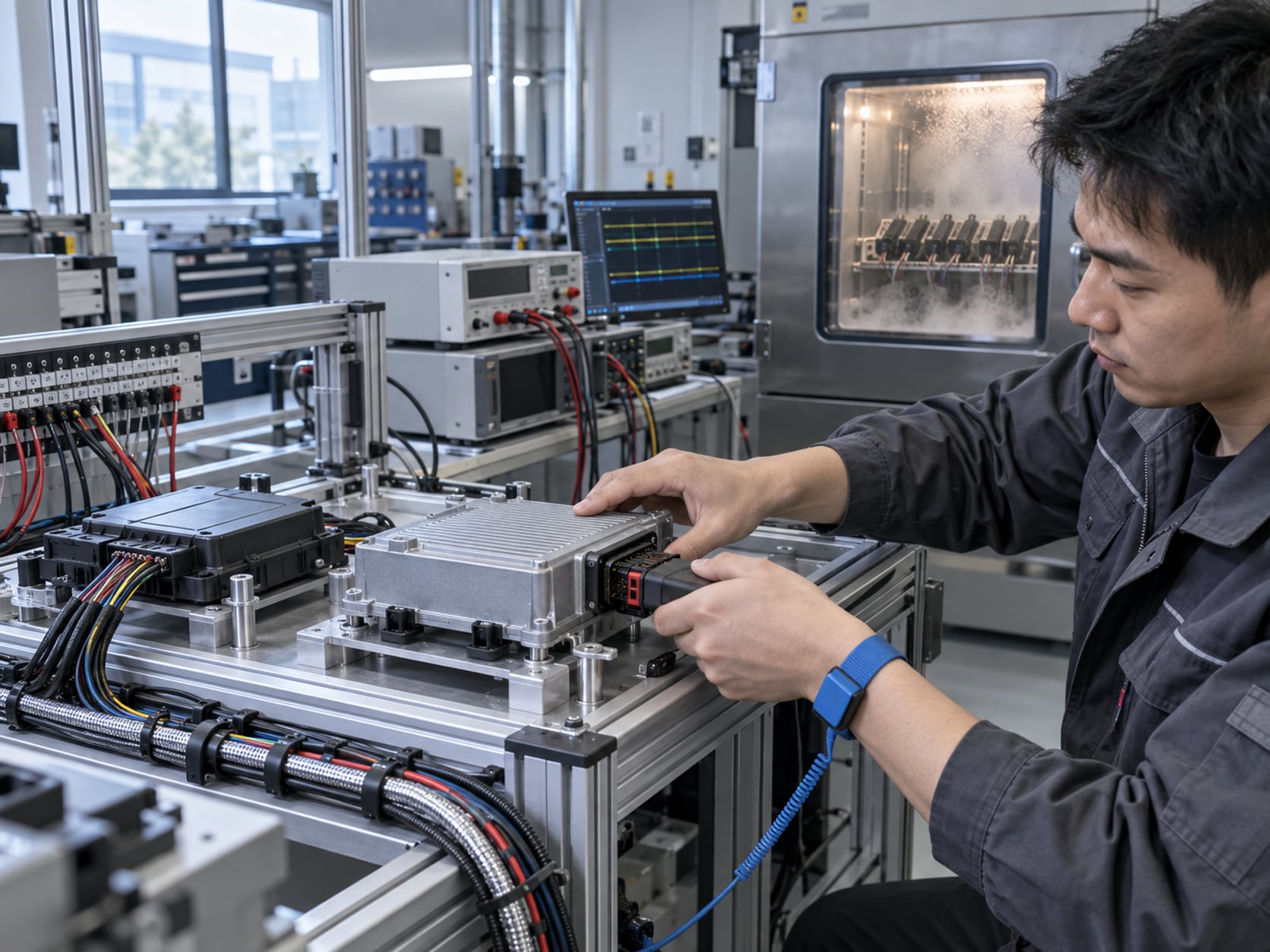车载通信终端台架测试中工程师推入车规连接器
